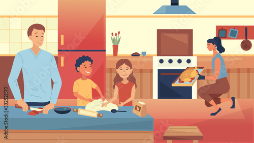 Family Cooking Concept. Happy Family Is Cooking Meal Together In The Kitchen. Father, Mother And Children Are Having A Good Time Together During Weekend Od Holidays. Cartoon Flat Vector Illustration © Intpro