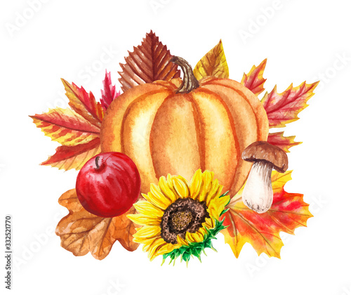 Watercolor autumn card with mushrooms, sunflowers, pumpkins, apples, leaves isolated on white. Botanic composition for greeting cards, wedding invitations, floral poster and decorations.