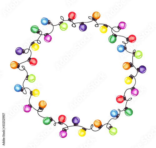Watercolor hand drawn christmas party lights garland frame illustration. Colorful christmas and New Year torse. Raster illustration. Good for greeting cards, invitations, decoration