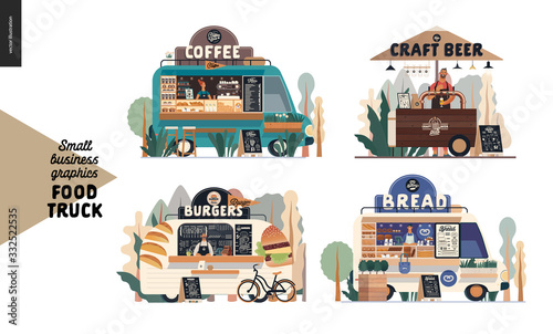 Food trucks -small business graphics. Modern flat vector concept illustrations -set of vans vending outdoor. Coffee shop, craft beer cart with umbrella, burgers, bread of bakery