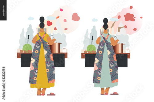 World Book Day graphics, woman cooking template, book week events. Modern flat vector concept illustrations of reading people -a woman reading a book with enthusiasm, boiling a soup standing back