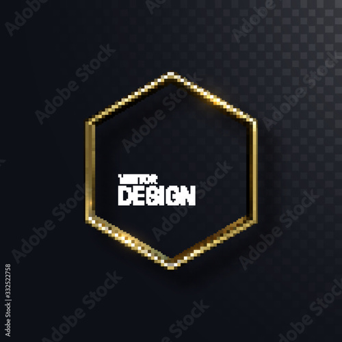 Abstract golden hexagonal shape. Vector 3d illustration. Shiny elegant hex isolated on black transparent background. Jewelry concept. Glossy frame design. Realistic metallic object. Decoration element
