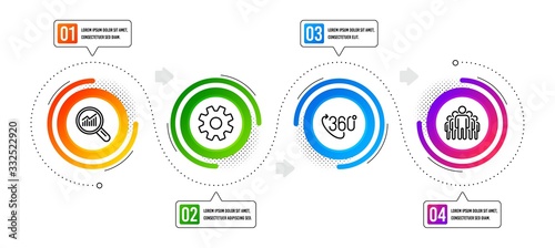 360 degree, Data analysis and Group line icons set. Infographic timeline. Service sign. Virtual reality, Magnifying glass, Managers. Cogwheel gear. Science set. Vector
