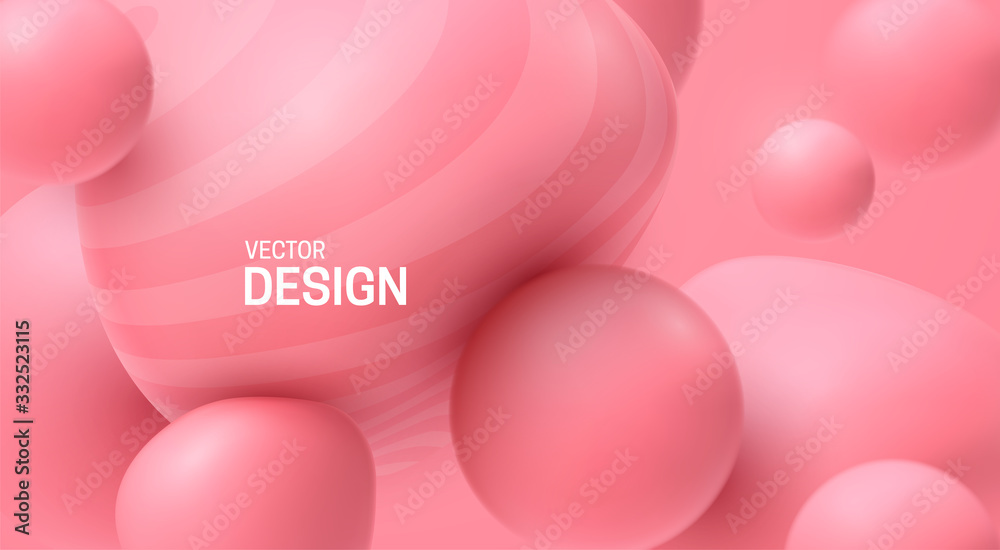 Naklejka Soft pink spheres. Bubble gum smooth shapes backdrop. Vector 3d illustration. Abstract sweet background. Minimal poster design. Dynamic particles. Colorful bubbles. Fashion banner template