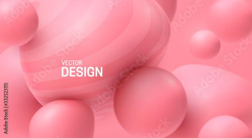 Soft pink spheres. Bubble gum smooth shapes backdrop. Vector 3d illustration. Abstract sweet background. Minimal poster design. Dynamic particles. Colorful bubbles. Fashion banner template