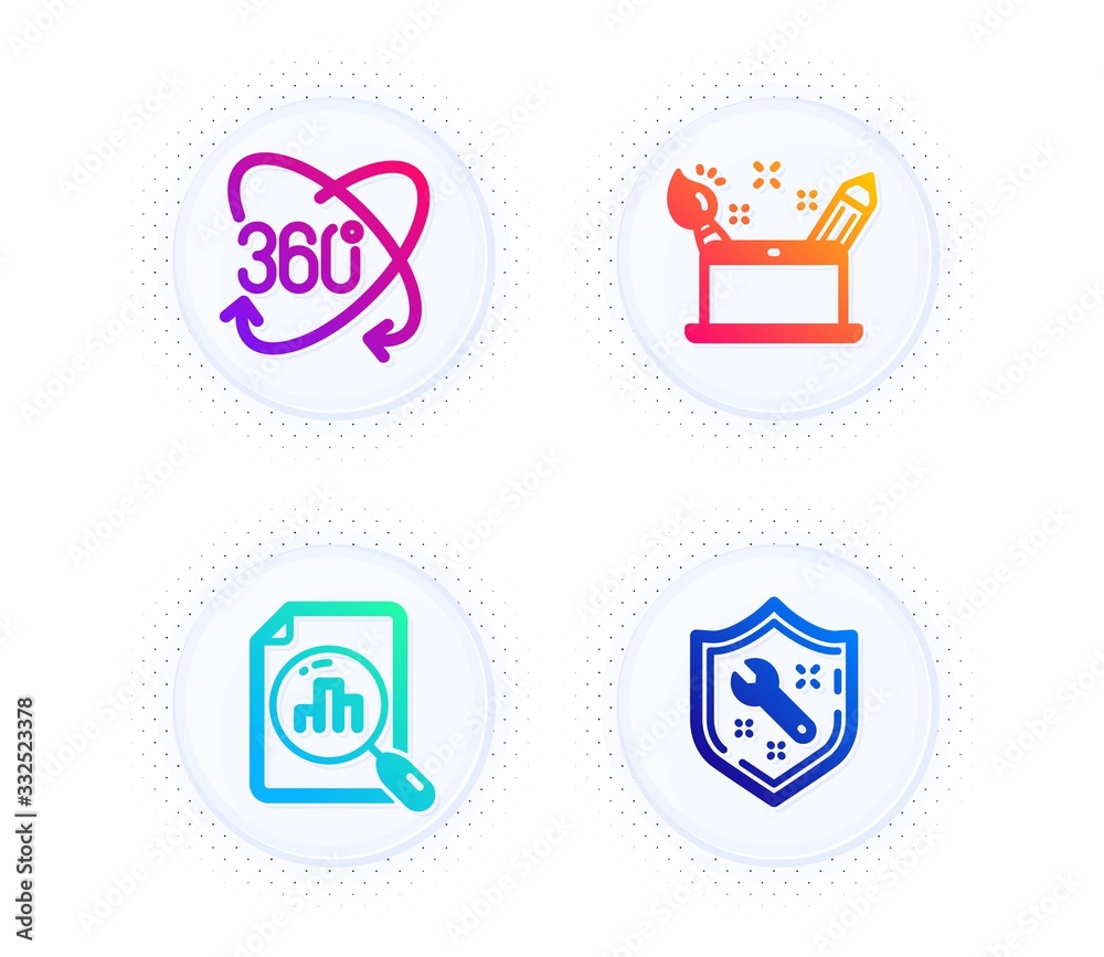 Analytics graph, Full rotation and Creativity concept icons simple set. Button with halftone dots. Spanner sign. Chart report, 360 degree, Graphic art. Repair service. Technology set. Vector