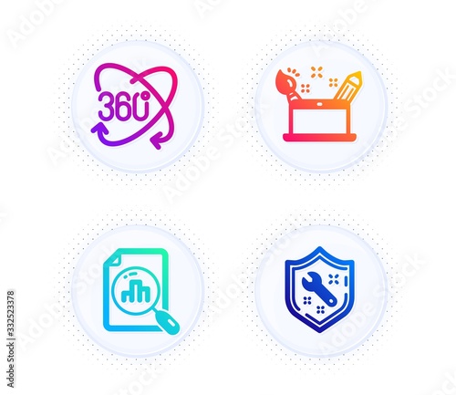 Analytics graph, Full rotation and Creativity concept icons simple set. Button with halftone dots. Spanner sign. Chart report, 360 degree, Graphic art. Repair service. Technology set. Vector