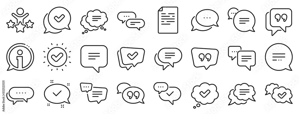Approved, Checkmark box and Social media message. Chat and quote line icons. Chat speech bubble, Tick or check mark, Comment quote icons. Think, approved talk, speech bubble. Vector