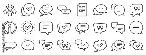 Approved, Checkmark box and Social media message. Chat and quote line icons. Chat speech bubble, Tick or check mark, Comment quote icons. Think, approved talk, speech bubble. Vector photo