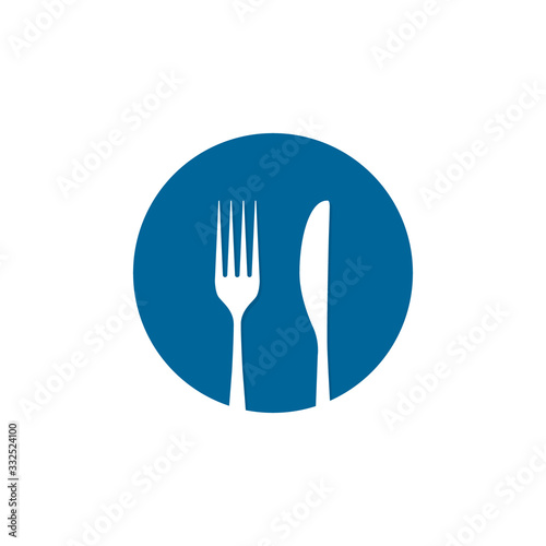 Fork and spoon icon on round, Cutlery symbol graphic design web element. Flat fork symbol on the blue round button. Vector