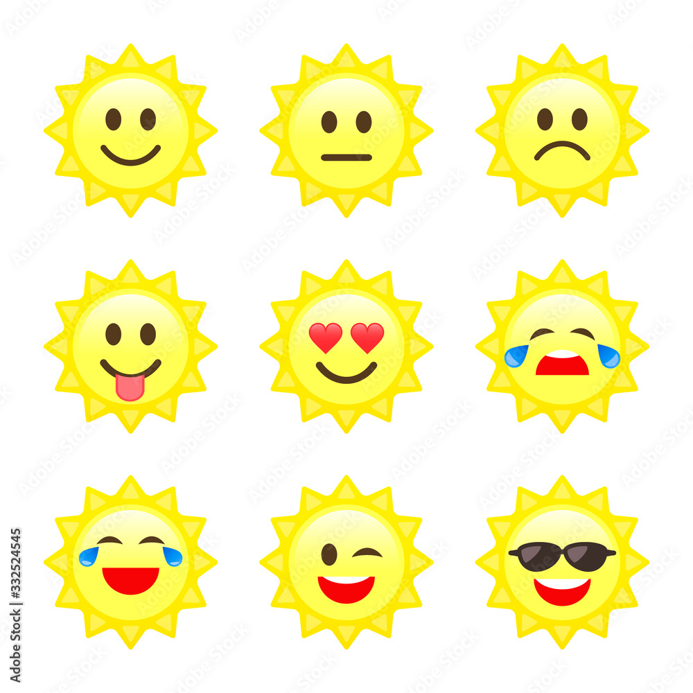 Sun Smile emoji, emoticon cartoon set Vector icons. Different Character or mood on sun smiley face Sun Smile emoji, emoticon cartoon set Vector icons. Different Character or mood on sun smiley face