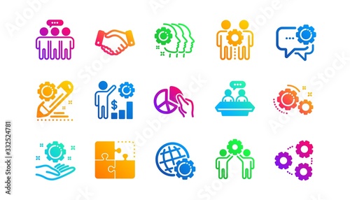 Business strategy, handshake and people collaboration. Employees benefits icons. Teamwork, social responsibility, people relationship icons. Classic set. Gradient patterns. Quality signs set. Vector