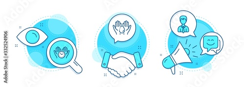 Businessman, Wash hands and Smile face line icons set. Handshake deal, research and promotion complex icons. Safe time sign. User data, Skin care, Chat. Hold clock. People set. Vector
