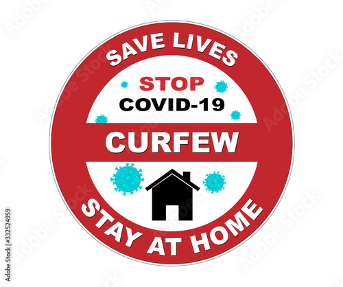 Siegel und Button „Stay at home“ wegen Coronavirus, COVID-19 Stoppen, Save lives, Curfew, Vektor Illustration isoliert auf weißem Hintergrund