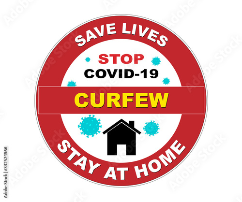 Siegel und Button „Stay at home“ wegen Coronavirus, COVID-19 Stoppen, Save lives, Curfew, Vektor Illustration isoliert auf weißem Hintergrund