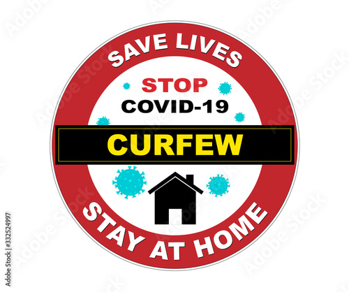 Siegel und Button „Stay at home“ wegen Coronavirus, COVID-19 Stoppen, Save lives, Curfew, Vektor Illustration isoliert auf weißem Hintergrund