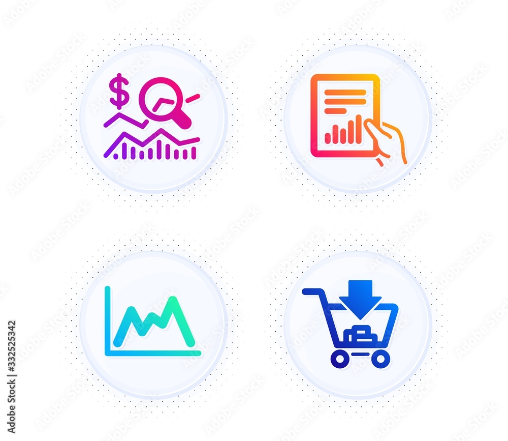 Check investment, Document and Diagram icons simple set. Button with halftone dots. Shopping sign. Business report, File with diagram, Growth graph. Add to cart. Finance set. Vector