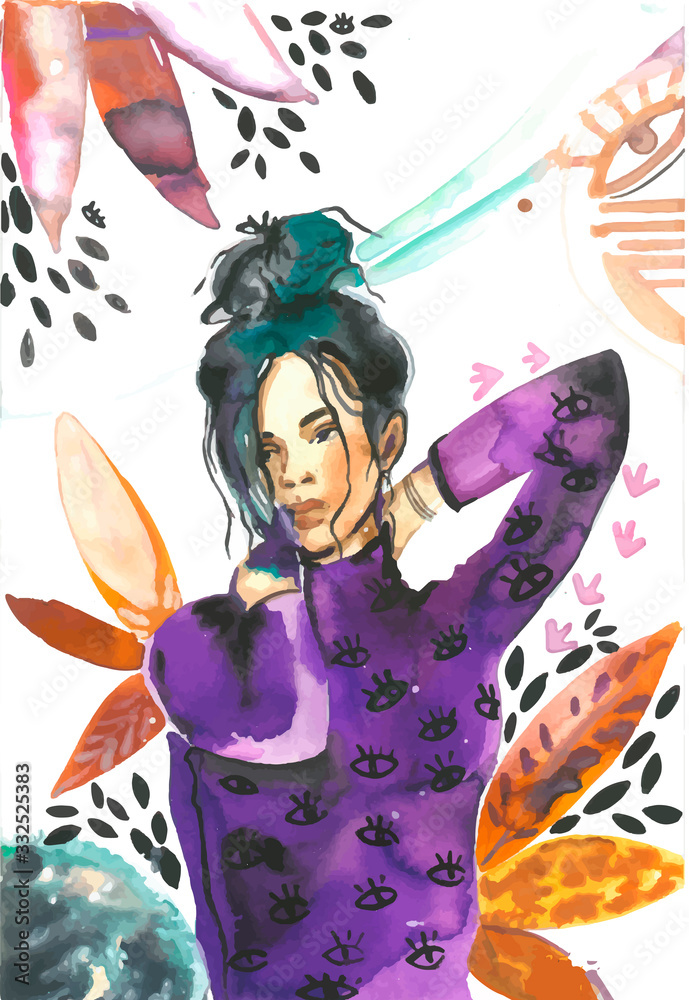 Obraz premium Young female brunette portrait hand drawn watercolor illustration. Fashion, elegant girl with voluminous hairstyle on white background with flowers and leaves. Stylish girl, pretty lady