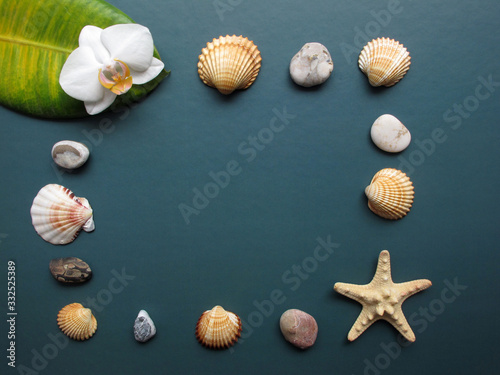The frame made of sea shells, pebbles, starfish and orchid on green background. Summer flat lay. Travel and vacation concept. Top view with copy space for your text