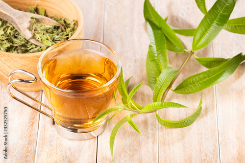 Schilderij op canvas Lemon verbena leaves and verbena tea. Aloysia citrodora.