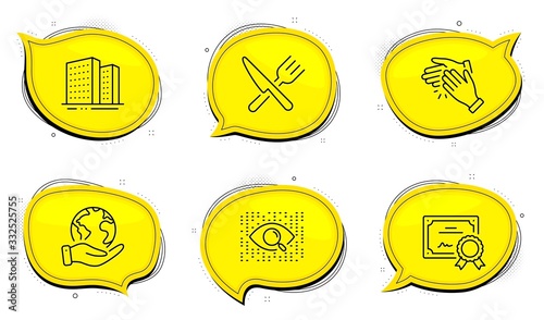 Clapping hands sign. Diploma certificate, save planet chat bubbles. Buildings, Food and Artificial intelligence line icons set. Town apartments, Cutlery, Find data. Clap. Business set. Vector