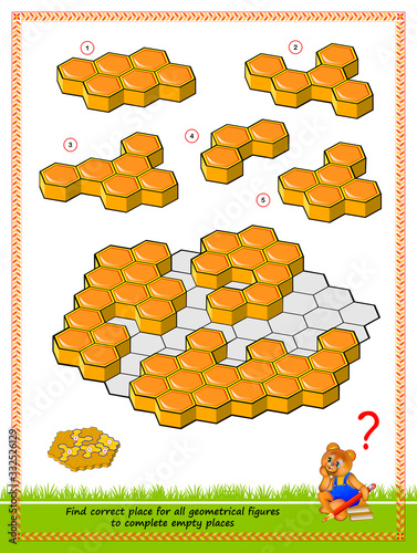 Logic puzzle game for children and adults. Find place for all geometrical figures to complete empty places in honeycombs. Printable page for kids brain teaser book. Developing spatial thinking skills.