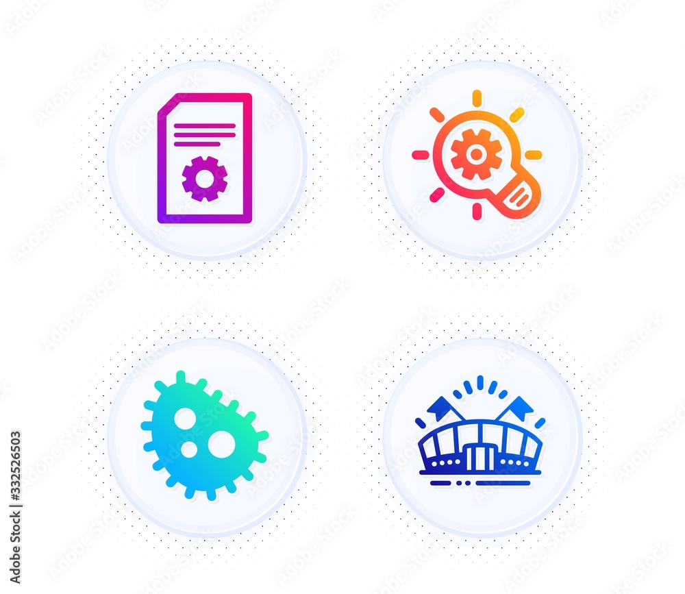 Cogwheel, File settings and Bacteria icons simple set. Button with halftone dots. Sports arena sign. Idea bulb, File management, Antibacterial. Event stadium. Business set. Vector Cogwheel, File settings and Bacteria icons simple set. Button with halftone dots. Sports arena sign. Idea bulb, File management, Antibacterial. Event stadium. Business set. Vector