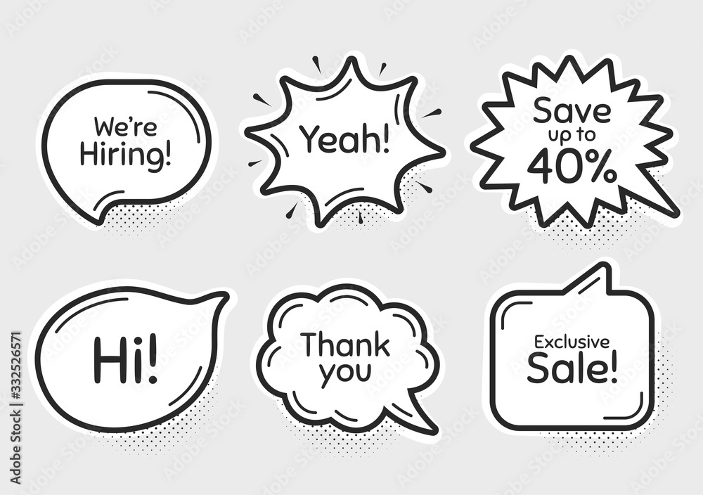 Comic chat bubbles. Exclusive sale, 40% discount and hiring. Thank you, hi and yeah phrases. Sale shopping text. Chat messages with phrases. Drawing texting thought speech bubbles. Vector