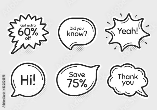 Comic chat bubbles. Save 75%, extra 60% discount and did you know. Thank you, hi and yeah phrases. Sale shopping text. Chat messages with phrases. Drawing texting thought speech bubbles. Vector