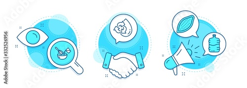 Cooking whisk, Recycle water and Cooler bottle line icons set. Handshake deal, research and promotion complex icons. Cocoa nut sign. Cutlery, Refill aqua, Water drink. Vegetarian food. Vector