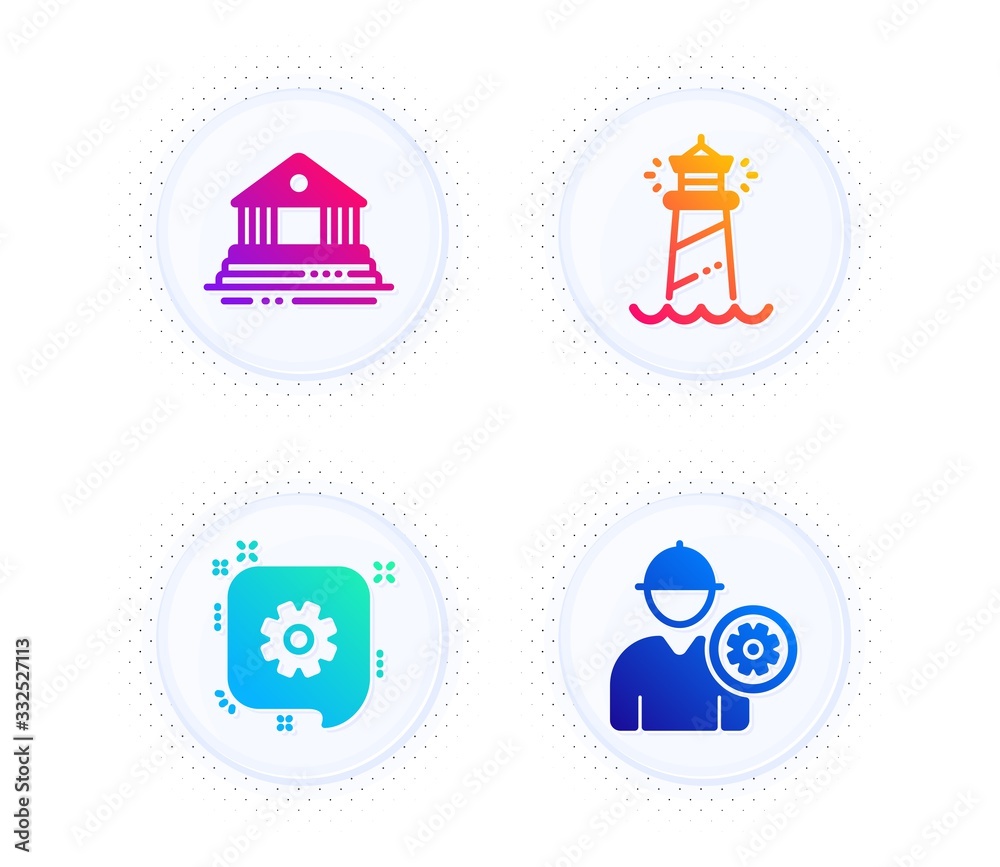 Court building, Lighthouse and Cogwheel icons simple set. Button with halftone dots. Engineer sign. Government house, Searchlight tower, Engineering. Worker with cogwheel. Industrial set. Vector