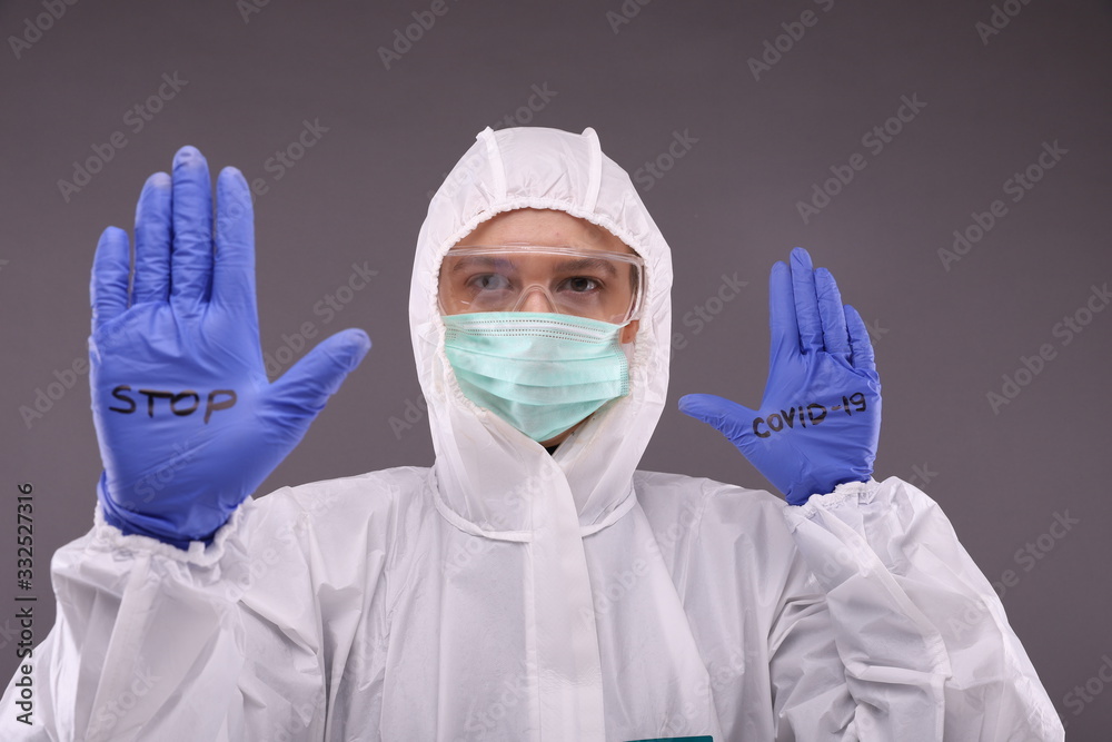 Woman in protective costume shows Woman in protective costume shows