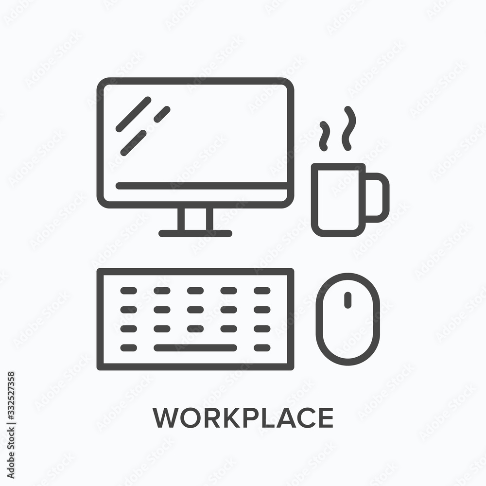Workplace line icon. Computer monitor, keyboard, mouse and coffee mug vector illustration. Online work desktop top view linear sign Workplace line icon. Computer monitor, keyboard, mouse and coffee mug vector illustration. Online work desktop top view linear sign