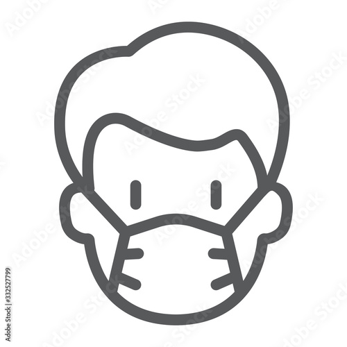 Man with medical mask line icon, virus and flu, covid 19 sign, vector graphics, a linear pattern on a white background, eps 10.