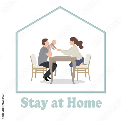 Stay at home. The family remains at home in quarantine, virus protection. Father, mother and baby are sitting on chairs at the table. Coronavirus outbreak concept. Vector illustration in a flat style.