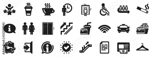 Elevator, Cloakroom and Taxi icons. Public Services, Wifi icons. Exit, ATM and Escalator. Wifi, Lift or elevator, Restaurant food. Public cloakroom, information, coffee and smoking. Vector