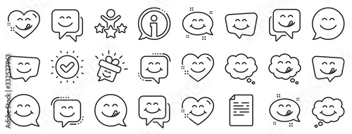 Emoticon speech bubble, social media message, smile with tongue. Yummy smile line icons. Tasty food eating emoji face icons. Delicious yummy speech bubble, happy emoticon. Vector