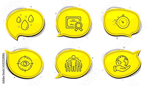 Eye target sign. Diploma certificate, save planet chat bubbles. Timer, Rainy weather and Group line icons set. Deadline management, Water drop, Managers. Optometry. Business set. Vector