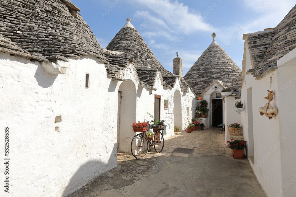 Cityscape of typical trulli houses in Alberobello Italy