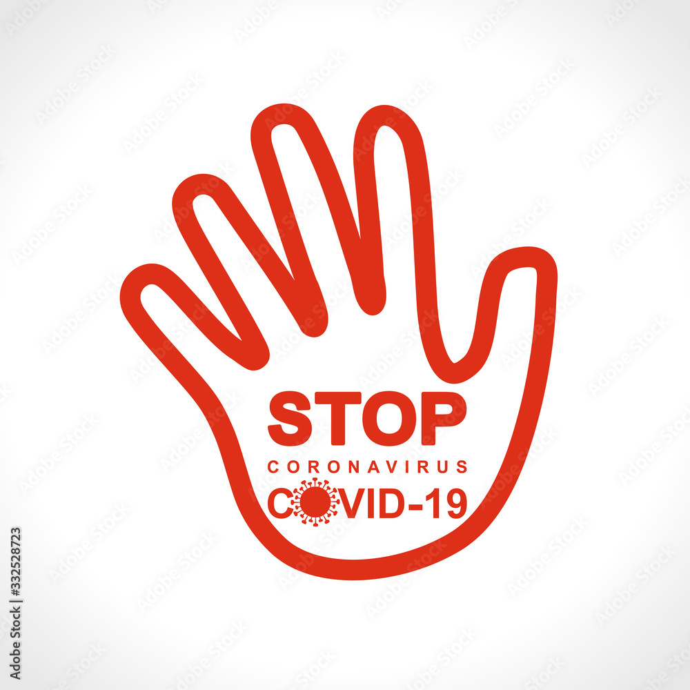 Prohibition sign with hand. STOP. Big red warning inscription biological hazard risk logo symbol. Vector information banner. Prohibition sign with hand. STOP. Big red warning inscription biological hazard risk logo symbol. Vector information banner.