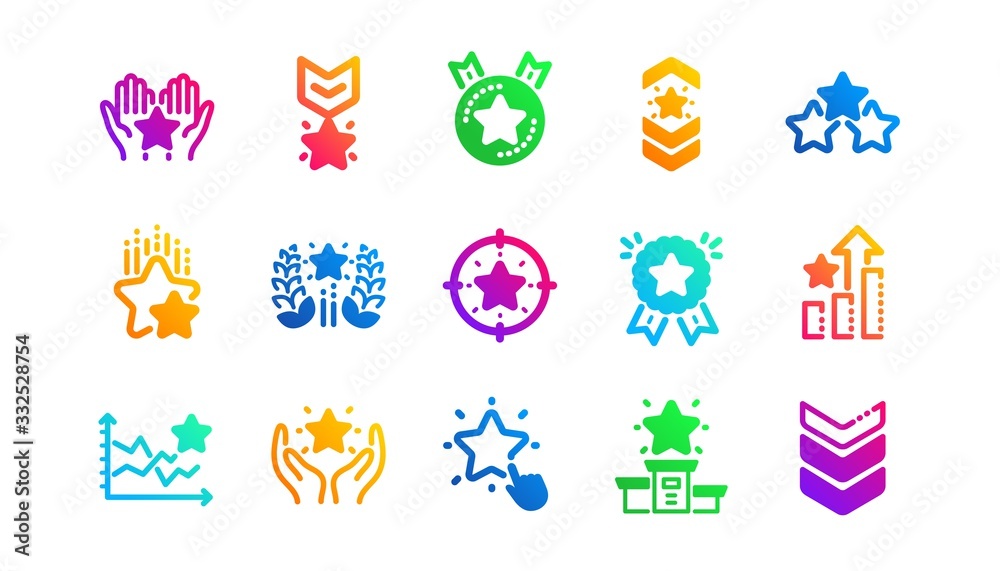 First place, star rating and winner medal. Ranking icons. Shoulder ...