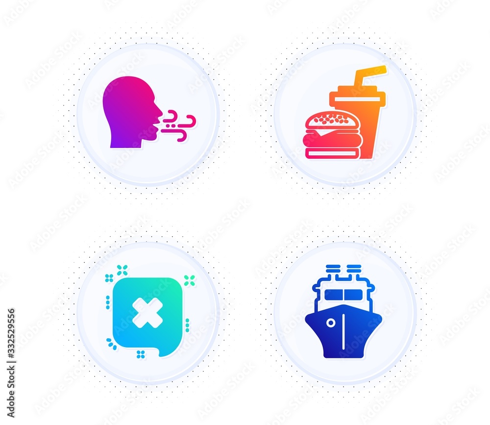 Hamburger, Reject and Breathing exercise icons simple set. Button with halftone dots. Ship sign. Burger with drink, Delete message, Breath. Shipping watercraft. Business set. Vector Hamburger, Reject and Breathing exercise icons simple set. Button with halftone dots. Ship sign. Burger with drink, Delete message, Breath. Shipping watercraft. Business set. Vector