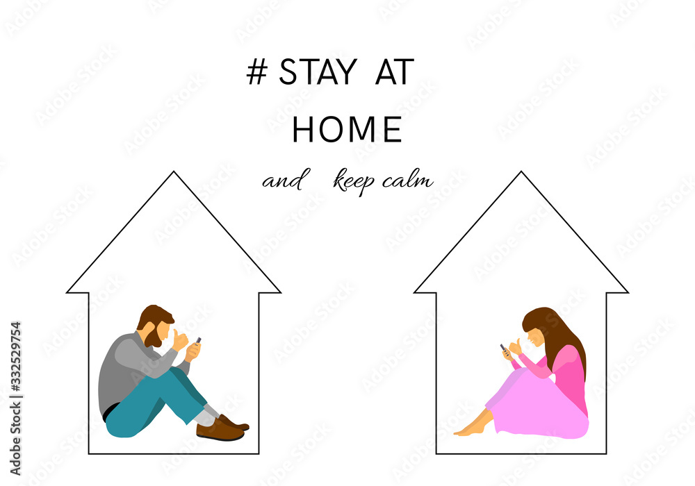 Stay at home and keep calm coronavirus concept. Two young people staying in touch by mobile. Smiling man and woman sitting in their house, showing a like sign. White isolated background. Stay at home and keep calm coronavirus concept. Two young people staying in touch by mobile. Smiling man and woman sitting in their house, showing a like sign. White isolated background.