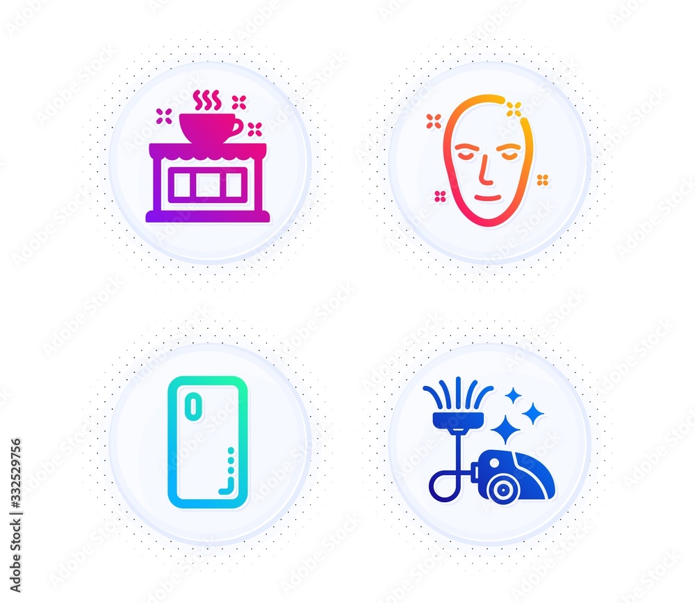Health skin, Coffee shop and Smartphone cover icons simple set. Button with halftone dots. Vacuum cleaner sign. Clean face, Tea house, Phone. Vacuum-clean. Business set. Vector