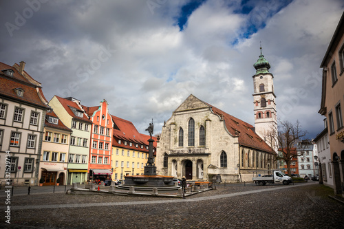 Marktplatz square surrounded with old historical buildings in Lindau, town by the bodensee lake in Germany