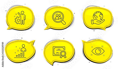 Health eye sign. Diploma certificate, save planet chat bubbles. Stats, Search employees and Employee line icons set. Business analysis, Staff analysis, Cogwheel. Optometry. People set. Vector