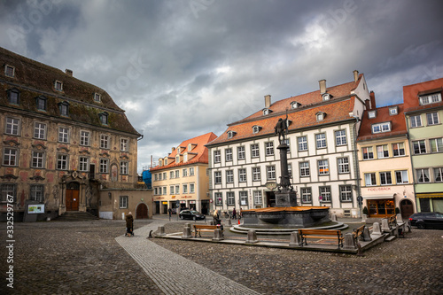 Marktplatz square surrounded with old historical buildings in Lindau  town by the bodensee lake in Germany