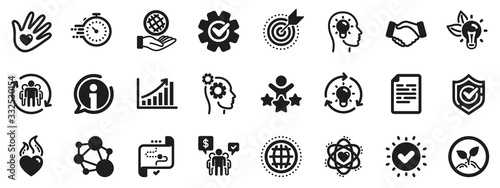 Integrity, Target purpose and Strategy. Core values icons. Trust handshake, social responsibility, commitment goal icons. Growth chart, innovation, core values network. Vector