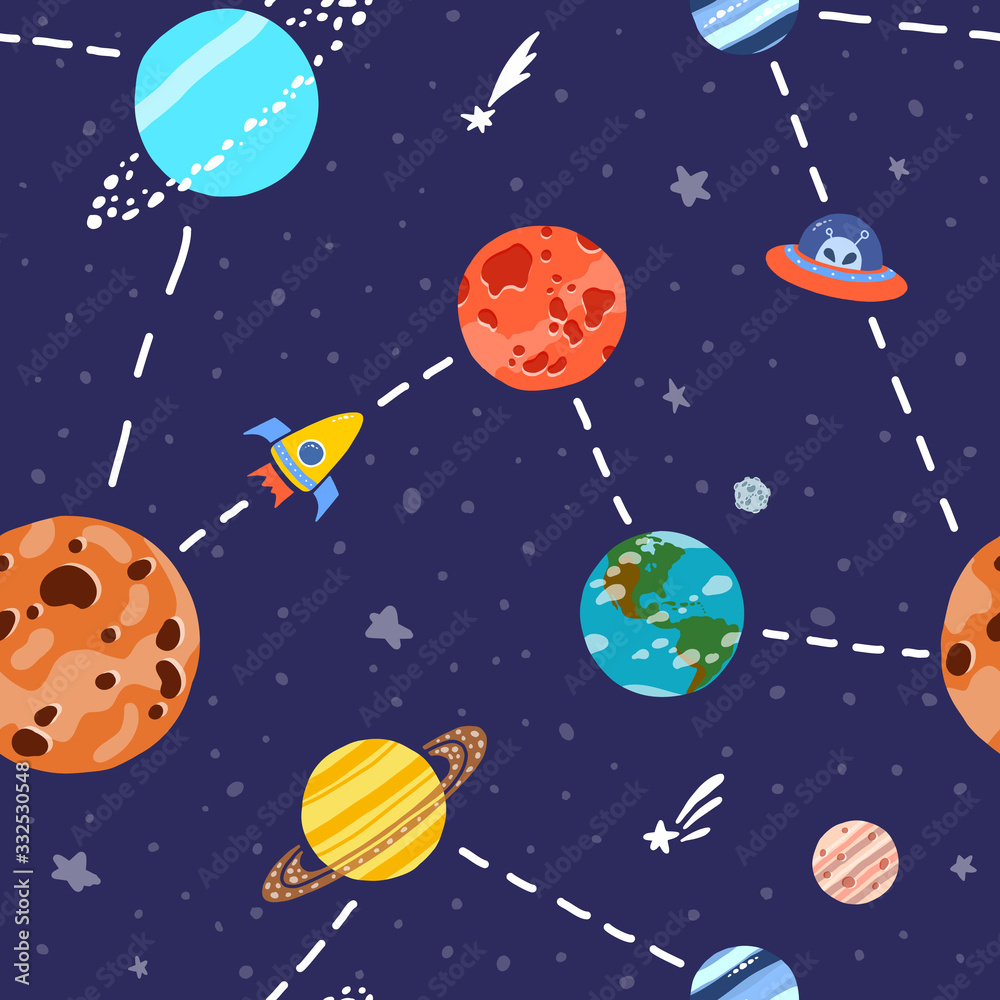 Naklejka premium Cosmic fabric for kids. Bright childish tile. 