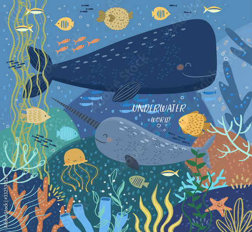 Underwater world! Vector cute illustration ecosystem of ocean world, whale, narwhal, puffer fish, various fish, jellyfish, starfish, corals, seaweed, water plant. Drawings for card, poster or postcard
